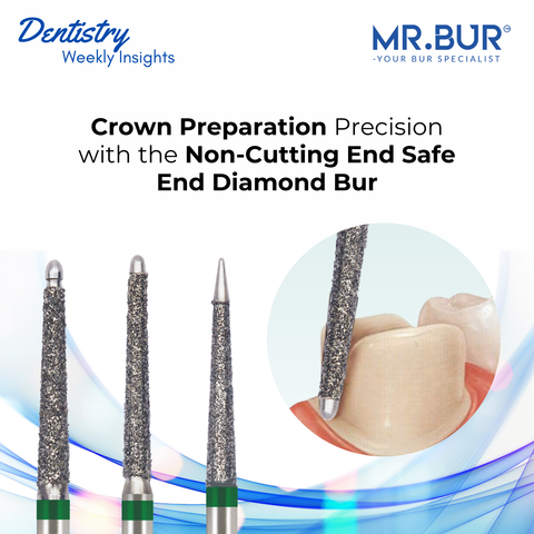 Crown preparation precision using the Mr. Bur Non-Cutting End Safe End Coarse Diamond Bur for accurate and safe dental procedures.