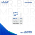 This is one of the variants of the Mini Pointed Cone FG Diamond Bur sold by Mr Bur the best international dental diamond bur supplier the dental bur head sizes shown here are 1.0mm