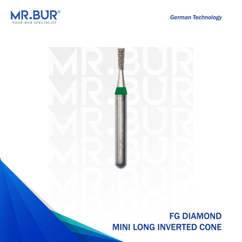 This is the FG Mini Long Inverted Cone diamond dental bur head sold by mr Bur the best supplier of diamond burs that ships internationally