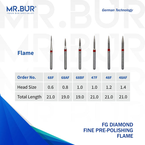 These are six variants of the Fine Grit Pre-Polishing Flame FG Diamond Bur sold by Mr Bur the best international dental bur supplier the head sizes shown here are 0.6mm 0.8mm 1.0mm 1.2mm 1.4mm