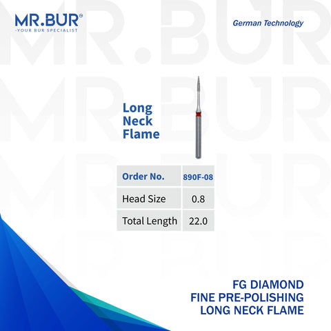 This is a variant of the Fine Grit Pre-Polishing Long Neck Flame FG Diamond Bur sold by Mr Bur the best international supplier of dental bur the dental size shown here is 0.8mm