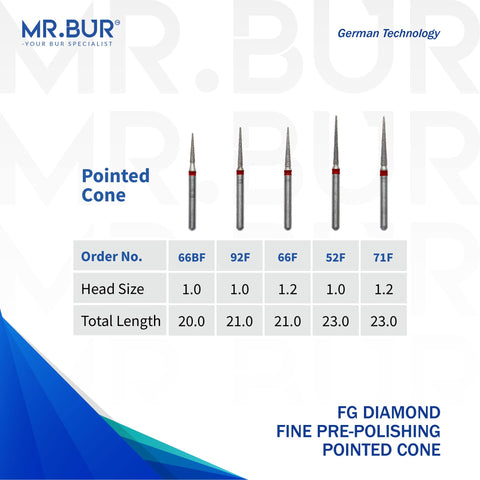 These are five of the Fine Grit Pre-Polishing Pointed Cone FG Diamond Bur sold by Mr Bur the best international supplier of diamond burs the dental bur head size shown here are 1.0mm 1.2mm