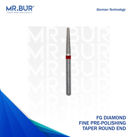 This is the Fine Grit Pre-Polishing Taper Round End FG Diamond Bur sold by Mr Bur the best supplier of dental diamond burs