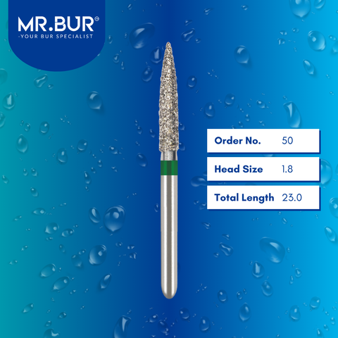 Mr. Bur 863 flame diamond bur 50 are tools used in multiple dental procedures. ISO 806 314 250 534 018 FG, Their flame heads are ideal for cavity preparationand easily remove decayed portions of a tooth to prepare it for a filling or a crown