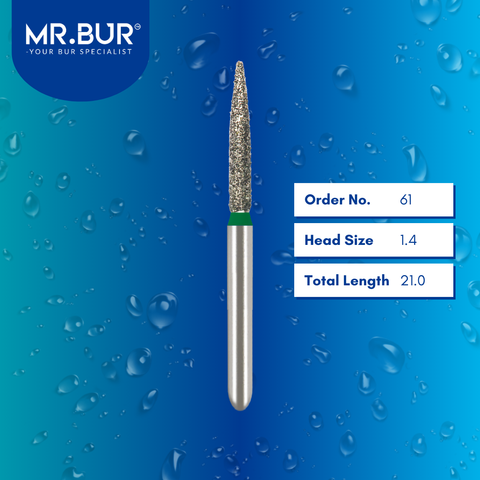 Mr. Bur 863 flame diamond bur 61 are tools used in multiple dental procedures. ISO 806 314 250 534 014 FG, Their flame heads are ideal for cavity preparationand easily remove decayed portions of a tooth to prepare it for a filling or a crown