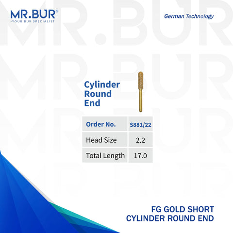 This is a variant of the #1 Best Gold Cylinder Round End Diamond Bur Short FG. Mr Bur offers the best online dental burs and is a Better Choice than Meisinger, Mani, Shofu, Eagle Dental, Trihawk, Suitable for Dental Cases. The dental bur head sizes shown here is 2.2mm