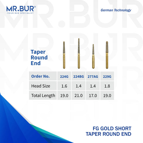 These are six variants of the #1 Best Gold Taper Round End Diamond Bur Short FG. Mr Bur offers the best online dental burs and is a Better Choice than Meisinger, Mani, Shofu, Eagle Dental, Trihawk, Suitable for Dental Cases. The dental bur head sizes shown here are 1.4mm, 1.6mm, and 1.8mm
