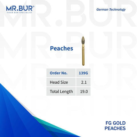 This is a variant of the #1 Best Gold Peaches Diamond Bur FG. Mr Bur offers the best online dental burs and is a Better Choice than Meisinger, Mani, Shofu, Eagle Dental, Trihawk, Suitable for Dental Cases. The dental bur head sizes shown here is 2.1mm