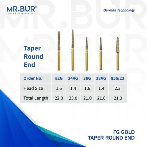5 variants of the Best Gold Taper Round End Diamond Bur FG. Mr Bur offers the best online dental burs and is a Better Choice than Meisinger, Mani, Shofu, Eagle Dental, Trihawk, Suitable for Dental Cases. The dental bur head sizes shown here are 1.4mm, 1.6mm, 2.3mm