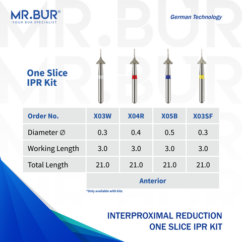 The image showing four variants of Interproximal Reduction dental bur (IPR) for aligner and invisalign that is sold by Mr. Bur worldwide, with head size of 0.3mm, 0.4mm and 0.5mm.