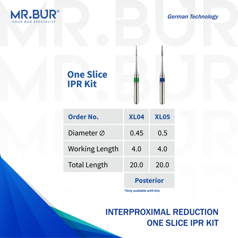The image showing two variants of Interproximal Reduction dental bur (IPR) for aligner and invisalign that is sold by Mr. Bur worldwide, with head size of 0.45mm and 0.5mm.