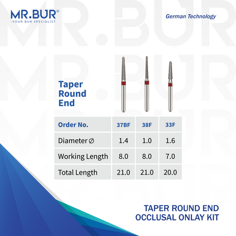 MR.BUR taper round end dental bur product with specifications on a white background
