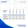 5 variants of the #1 Best Contra Angle Pointed Cone Diamond Bur RA. Mr Bur offers the best online dental burs and is a Better Choice than Meisinger, Mani, Shofu, Eagle Dental, Trihawk, Suitable for Dental Cases. The dental bur head sizes shown here are  1.2mm, 1.4mm, 1.6mm, and 1.8mm