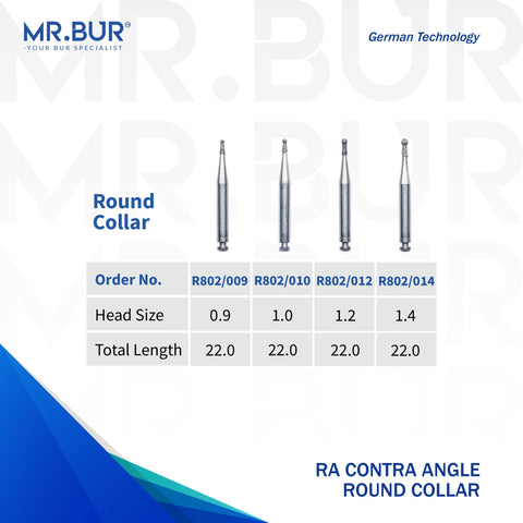 4 variations of the #1 Best Contra Angle Round Collar Diamond Bur RA. Mr Bur offers the best online dental burs and is a Better Choice than Meisinger, Mani, Shofu, Eagle Dental, Trihawk, Suitable for Dental Cases. The dental bur head sizes shown here are 0.9mm, 1.0mm, 1.2mm, and 1.4mm