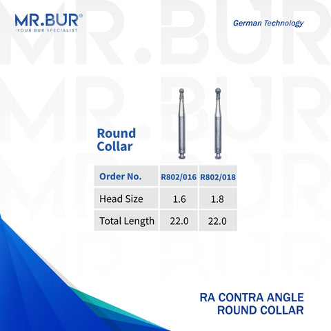 2 variations of the #1 Best Contra Angle Round Collar Diamond Bur RA. Mr Bur offers the best online dental burs and is a Better Choice than Meisinger, Mani, Shofu, Eagle Dental, Trihawk, Suitable for Dental Cases. The dental bur head sizes shown here are 1.6mm, and 1.8mm