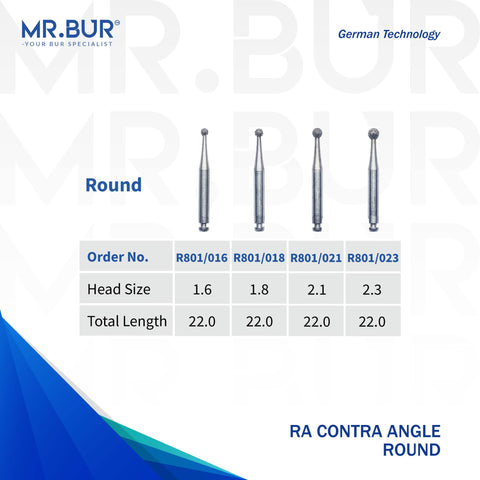 These are another four variations of the #1 Best Contra Angle Round Diamond Bur RA. Mr Bur offers the best online dental burs and is a Better Choice than Meisinger, Mani, Shofu, Eagle Dental, Trihawk, Suitable for Dental Cases. The dental bur head sizes shown here are 1.6mm, 1.8mm, 2.1mm, and 2.3mm