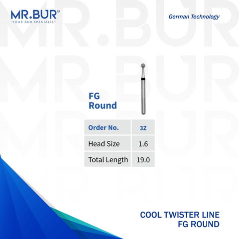 This is a variant of the Round Ball Spiral Cool Cut Super Coarse FG Diamond Bur sold by Mr Bur the best international dental bur supplier the head size shown here is 1.6mm