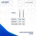2 variants of the Best Super Fine Finishing Flame Diamond Bur FG. Mr Bur offers the best online dental burs and is a Better Choice than Meisinger, Mani, Shofu, Eagle Dental, Trihawk, Suitable for Dental Cases. The dental bur head sizes shown here are 1.2mm, and 1.4mm