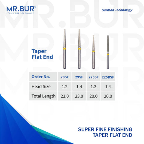 Four variants of the Best  Super Fine Finishing Taper Flat End Diamond Bur FG. Mr Bur offers the best online dental burs and is a Better Choice than Meisinger, Mani, Shofu, Eagle Dental, Trihawk, Suitable for Dental Cases the dental bur head sizes shown here are 1.2mm and 1.4mm