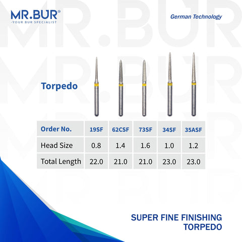 The Best 5 variants of the Super Fine Finishing Torpedo Diamond Bur FG. Mr Bur offers the best online dental burs and is a Better Choice than Meisinger, Mani, Shofu, Eagle Dental, Trihawk, Suitable for Dental Cases. The dental bur head sizes shown here are 0.8mm, 1.0mm, 1.2mm, 1.4mm, and 1.6mm