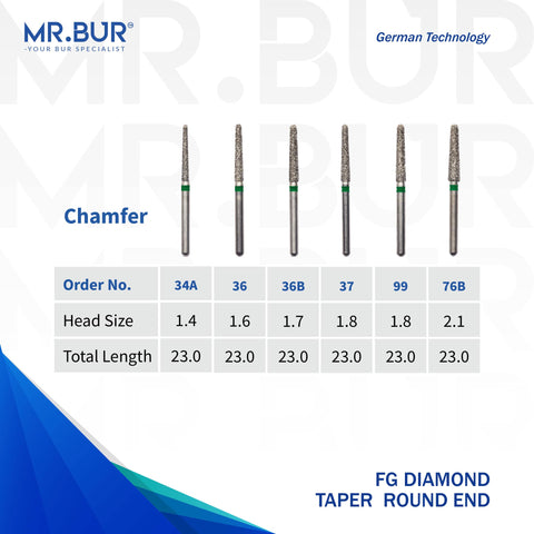 These are 6 variants of the Taper Round End Coarse chamfer FG Diamond Dental Bur sold by mr Bur the best international dental diamond bur supplier the head sizes are 1.4mm 1.6mm 1.7mm 1.8mm 2.1mm