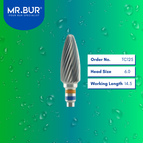 Mr. Bur Plain Cut Standard Tungsten Carbide Bur For Acrylic Resin TC125, 6.0mm, ensures precise trimming, efficient shaping, and smooth finishing for acrylic resin dental prosthetics.