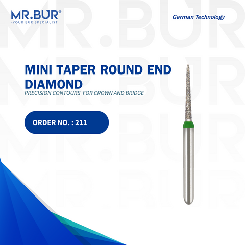 This is the Mini Taper Round End Coarse Chamfer FG Diamond Dental Bur from Mr. Bur, the top international diamond dental bur supplier, ideal for crown and bridge work, precise crown preparation, and fully sterilizable for repeated use in various dental procedures.