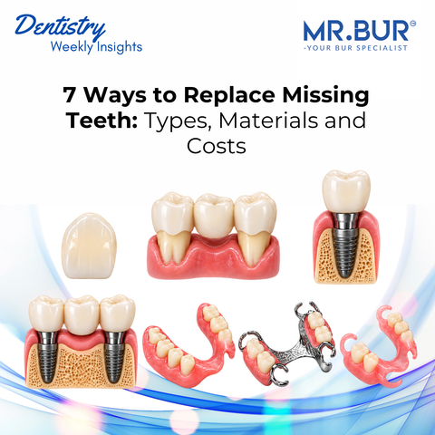 Seven ways to replace missing teeth, including temporary tooth replacements, dental bridges, single implants, implant-supported bridges, and removable partial dentures.