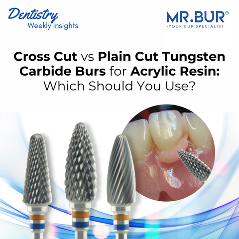Cross cut and plain cut tungsten carbide burs for acrylic resin trimming displayed with clinical comparison supported by Mr Bur.