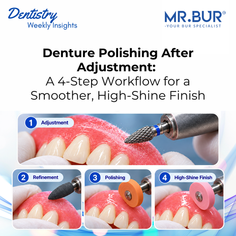 MR.BUR denture polishing guide showing a 4-step workflow with carbide bur adjustment, silicone polishing burs, orange buff polishing and pink high-shine finishing.
