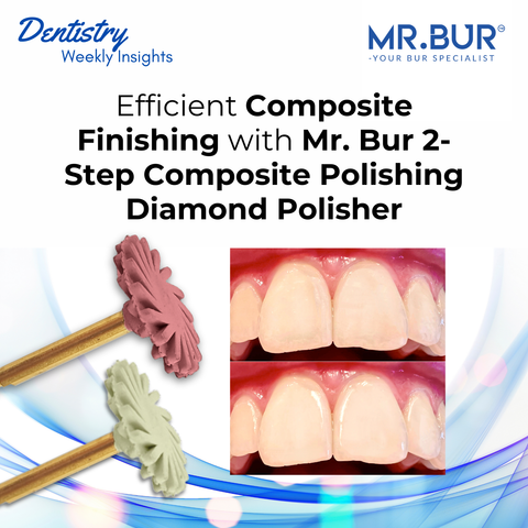 Mr. Bur efficient composite finishing education featuring two step composite polishing diamond polisher for predictable esthetic outcomes.