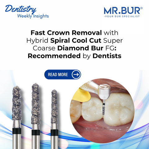 Mr. Bur Hybrid Spiral Cool Cut Super Coarse Diamond Bur FG designed for fast crown removal providing efficient cutting of zirconia and ceramic with enhanced cooling and debris evacuation.