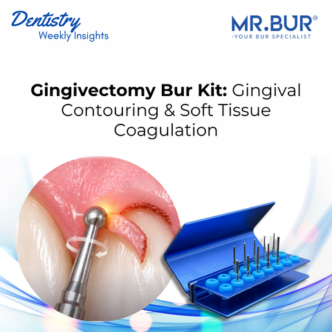 MR.Bur Gingivectomy Bur Kit for gingival contouring, soft tissue coagulation and subgingival access with stainless steel FG gingivectomy burs.