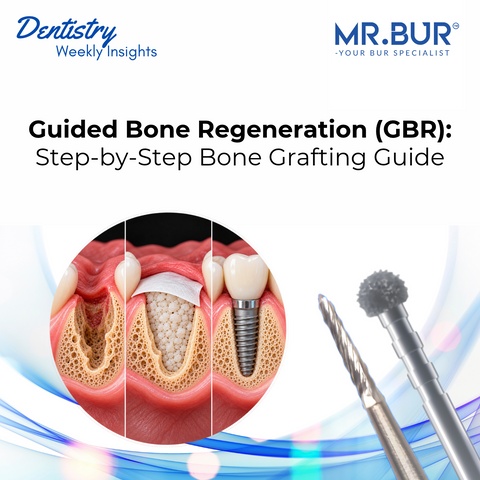 Guided bone regeneration (GBR) step-by-step bone grafting guide featuring dental implant placement, barrier membrane, bone graft material, and MR.BUR surgical burs.