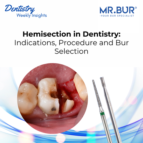 Hemisection in dentistry educational cover showing a clinical molar, tooth-sectioning burs and guidance on indications, procedure and bur selection