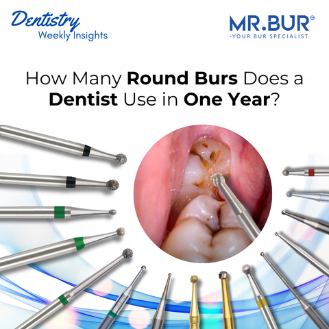 Various Mr Bur round burs surrounding a clinical cavity preparation image illustrating annual bur usage in dental practice.