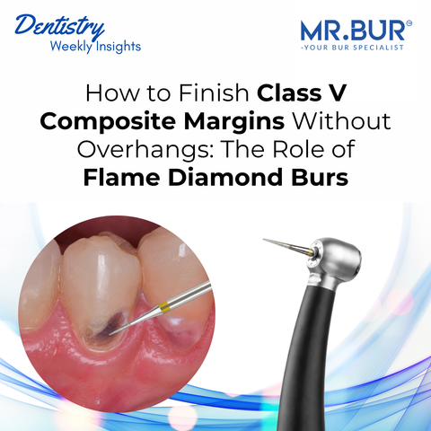 Mr. Bur flame diamond bur refining a Class V composite restoration margin using a Kaneiko high-speed handpiece.
