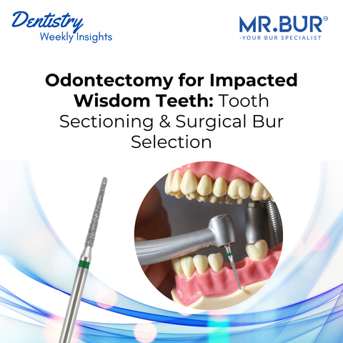 MR.Bur odontectomy guide cover featuring 77L 32 mm diamond bur and dental handpiece for impacted wisdom tooth sectioning and surgical bur selection.