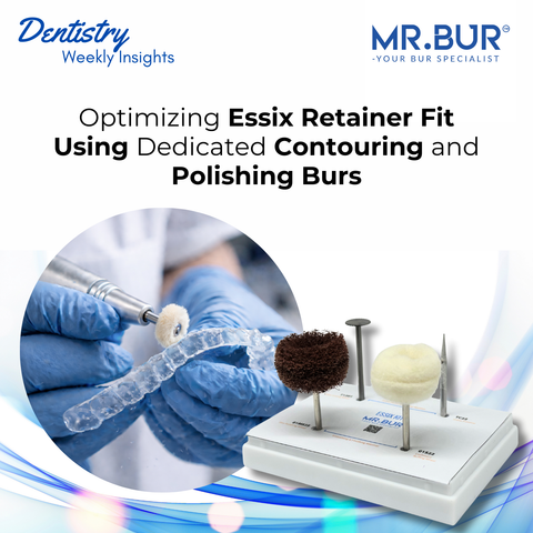 Mr. Bur Essix Retainer Contouring and Polishing Kit HP illustrating a structured workflow for trimming, contouring, and polishing Essix retainers to achieve improved fit, comfort, and long-term appliance success.