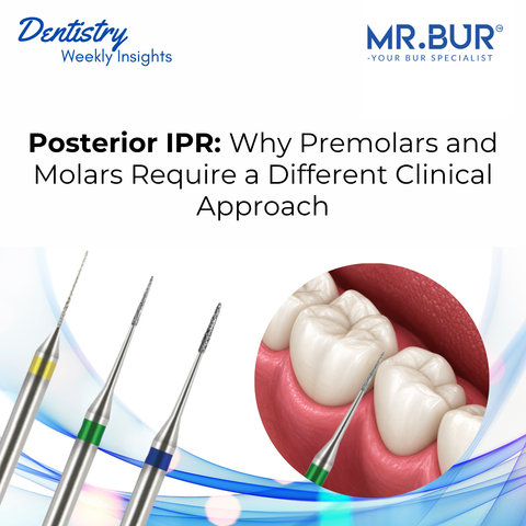 MR.Bur posterior IPR blog cover showing X02, XL04 and XL05 burs with a clinical premolar and molar interproximal reduction illustration.