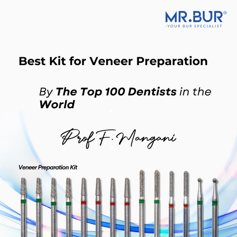 This image shows the best kit for veneer preparation from Italy top 100 dentist, Dr. Francesco Mangani with Mr Bur high quality dental bur.