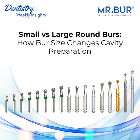 MR.Bur small vs large round burs article cover showing multiple round diamond, carbide, RA and HP burs for cavity preparation and round bur size selection.