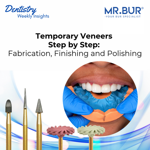 MR.BUR temporary veneers step-by-step guide featuring anterior provisional veneers, silicone index, tungsten carbide finishing burs, and composite polishing burs for dental veneer fabrication, finishing, and polishing.