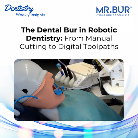 MR.Bur robotic dentistry article cover showing a dental simulation model undergoing robotic tooth preparation, highlighting the shift from manual cutting to digital toolpaths.