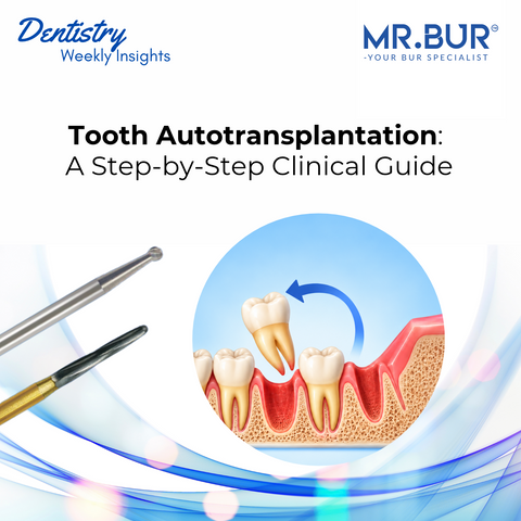 Tooth autotransplantation clinical guide cover showing a donor tooth being moved into a recipient socket with MR.BUR dental burs.