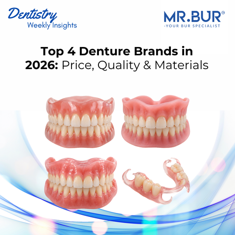 MR.BUR blog cover comparing the top 4 denture brands in 2026, featuring complete acrylic dentures, digital dentures and a flexible partial denture.