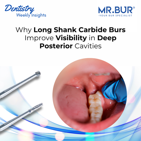 Mr. Bur MOS Oral Surgical Carbide Bur HP 51mm used for oral surgery and bone cutting procedures demonstrating extended reach precise cutting and controlled surgical access in difficult operative areas.