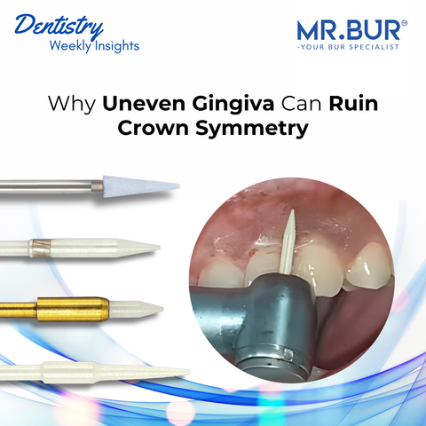 Mr. Bur Soft Tissue Trimming Ceramic Powder Bur FG used for precise gingival trimming, smooth soft tissue contouring, and improved crown margin visibility.