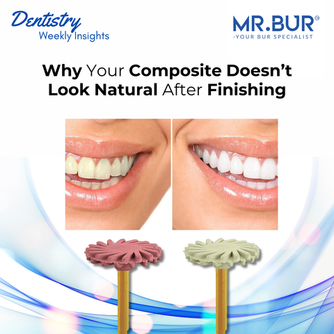 Mr. Bur composite polishing diamond polisher used for anterior restoration demonstrating smooth surface and high gloss esthetic finish.