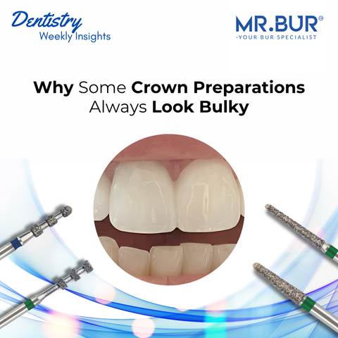 Mr. Bur crown preparation bur used to improve tooth reduction accuracy and prevent bulky dental crown contours during crown preparation.